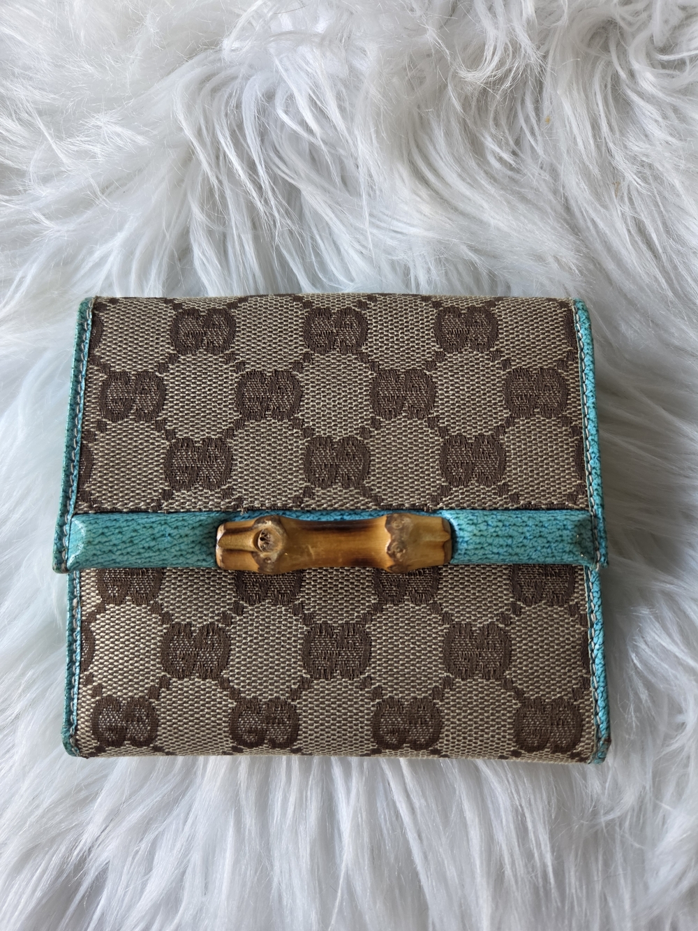 Designer Monogram Bifold Wallet with Turquoise Trim